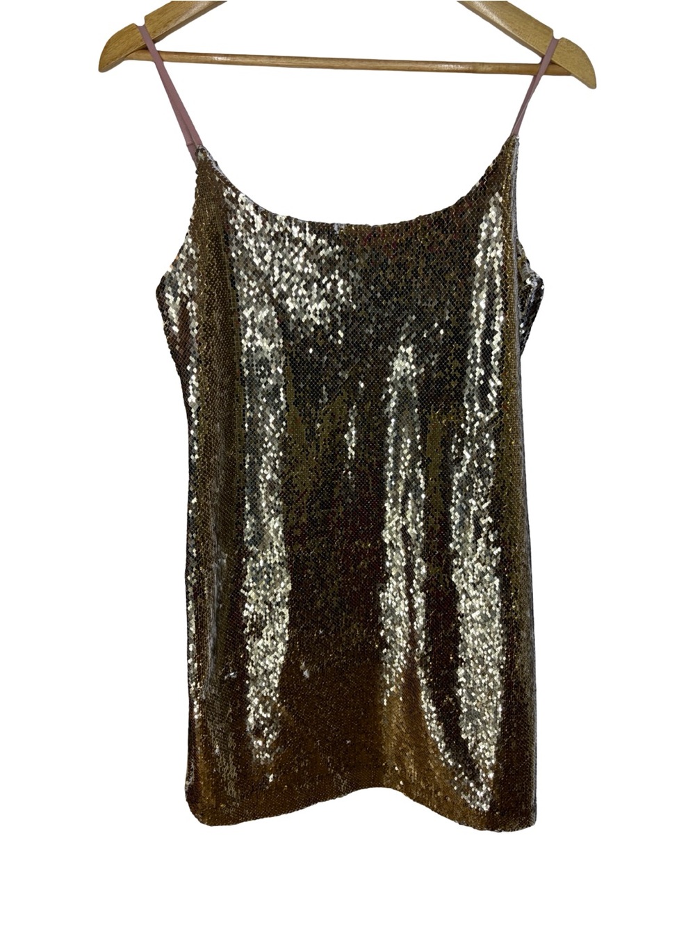 DESIGNERS REMIX CHARLOTTE ESKILDSEN Gold Sequin Slip Dress with Pink Straps 36